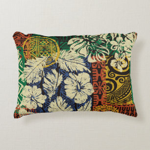 Hawaiian tribal elements and hibiscus fabric patch accent pillow