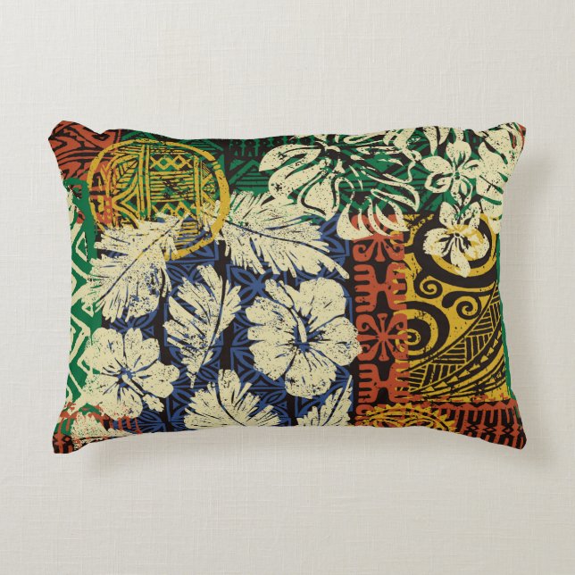 Hawaiian tribal elements and hibiscus fabric patch accent pillow (Front)
