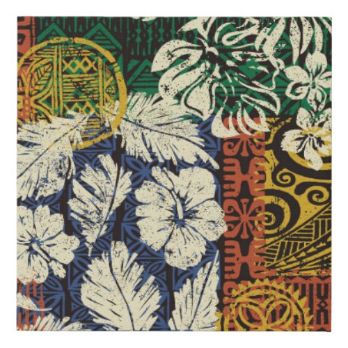 Hawaiian tribal elements and hibiscus fabric patch faux canvas print