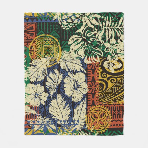 Hawaiian tribal elements and hibiscus fabric patch fleece blanket