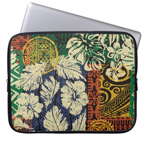 Hawaiian tribal elements and hibiscus fabric patch laptop sleeve