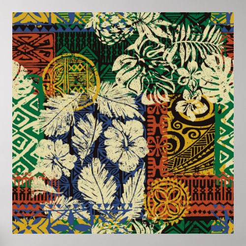 Hawaiian tribal elements and hibiscus fabric patch poster