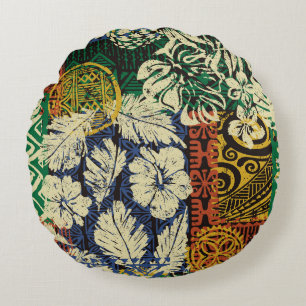 Hawaiian tribal elements and hibiscus fabric patch round pillow