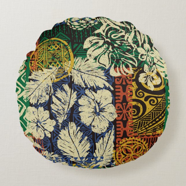 Hawaiian tribal elements and hibiscus fabric patch round pillow (Front)