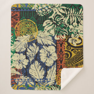 Hawaiian tribal elements and hibiscus fabric patch sherpa blanket