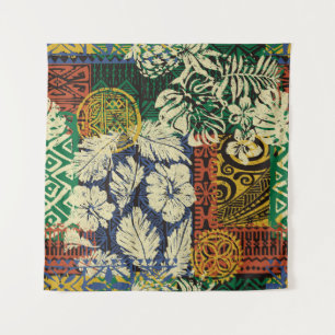Hawaiian tribal elements and hibiscus fabric patch tapestry