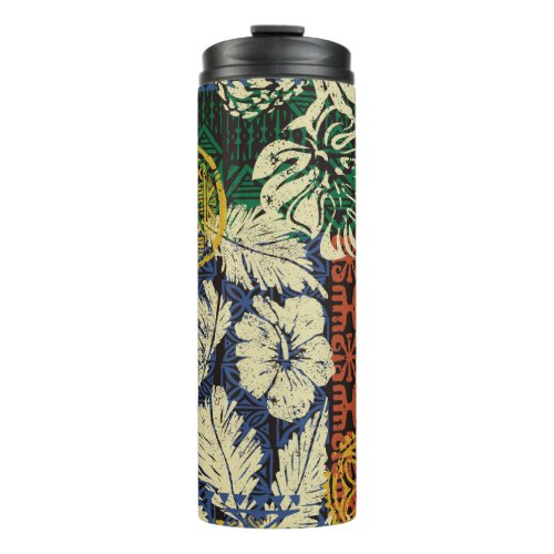 Hawaiian tribal elements and hibiscus fabric patch thermal tumbler