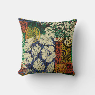 Hawaiian tribal elements and hibiscus fabric patch throw pillow