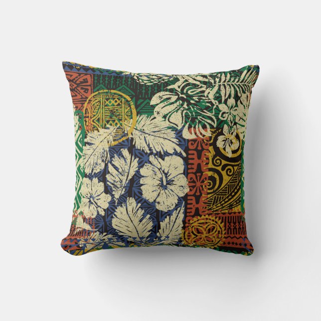 Hawaiian tribal elements and hibiscus fabric patch throw pillow (Front)