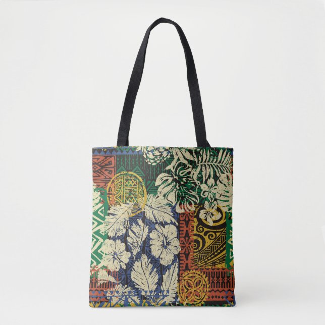 Hawaiian tribal elements and hibiscus fabric patch tote bag (Front)