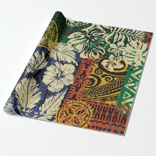 Hawaiian tribal elements and hibiscus fabric patch wrapping paper