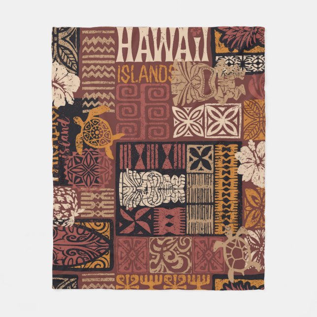 Hawaiian Tribal: Vintage Fabric Patchwork Fleece Blanket (Front)