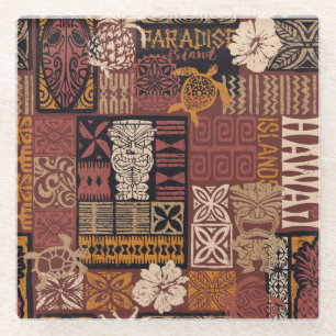Hawaiian Tribal: Vintage Fabric Patchwork Glass Coaster