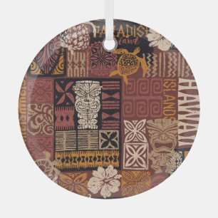 Hawaiian Tribal: Vintage Fabric Patchwork Glass Ornament
