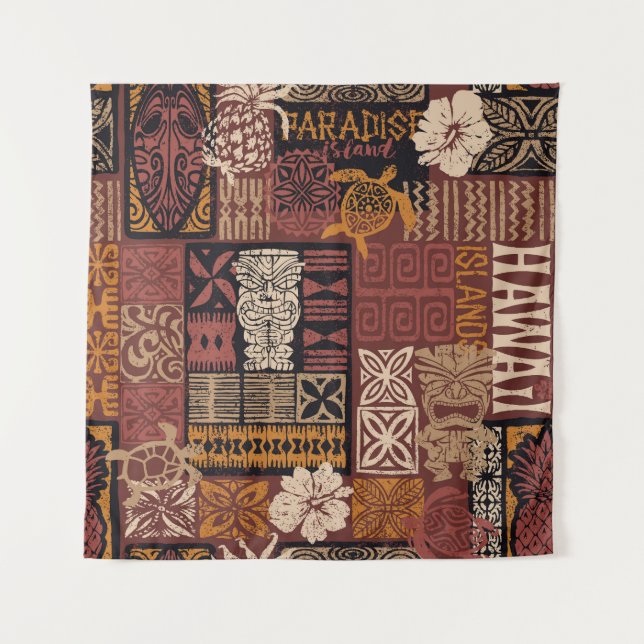 Hawaiian Tribal: Vintage Fabric Patchwork Tapestry (Front)