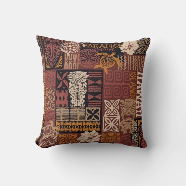Hawaiian Tribal: Vintage Fabric Patchwork Throw Pillow (Front)
