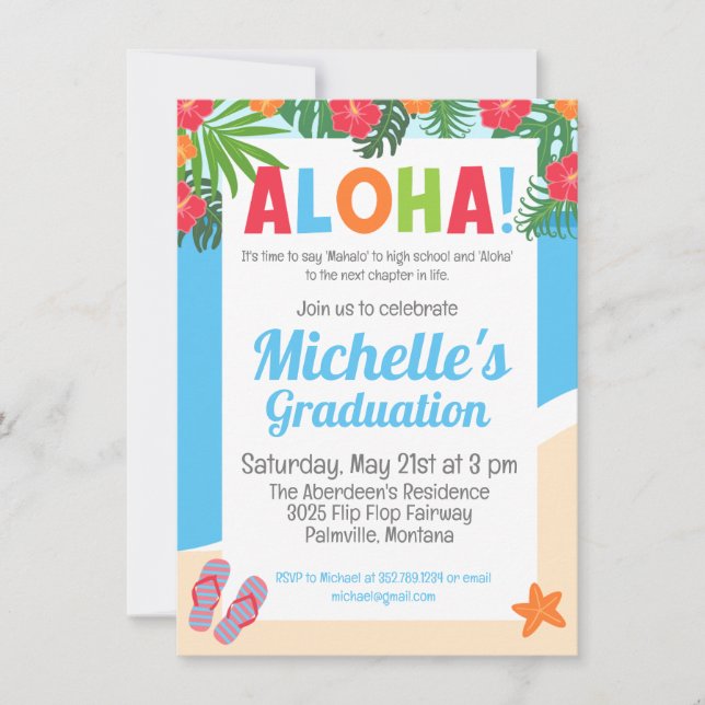 Hawaiian Tropical Aloha Graduation Party Invitation (Front)