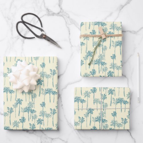Hawaiian Tropical Blue and Cream Palm Tree Pattern Wrapping Paper Sheets