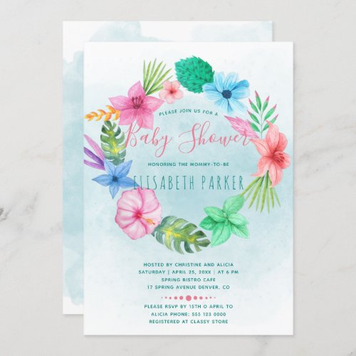 Hawaiian tropical blue floral wreath baby shower invitation