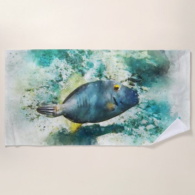 Hawaiian Tropical Fish Watercolor - Filefish Beach Towel (Front)
