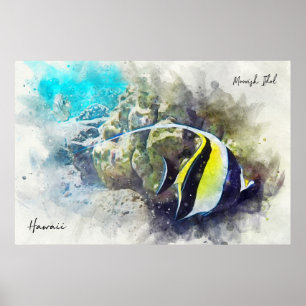 Hawaiian Tropical Fish Watercolor - Moorish Idol Poster