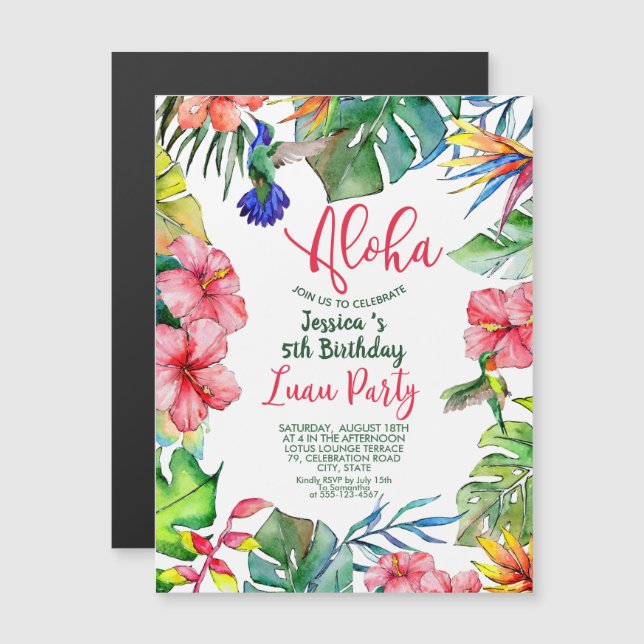 Hawaiian Tropical Floral Birthday Luau Magnetic Invitation (Front/Back)