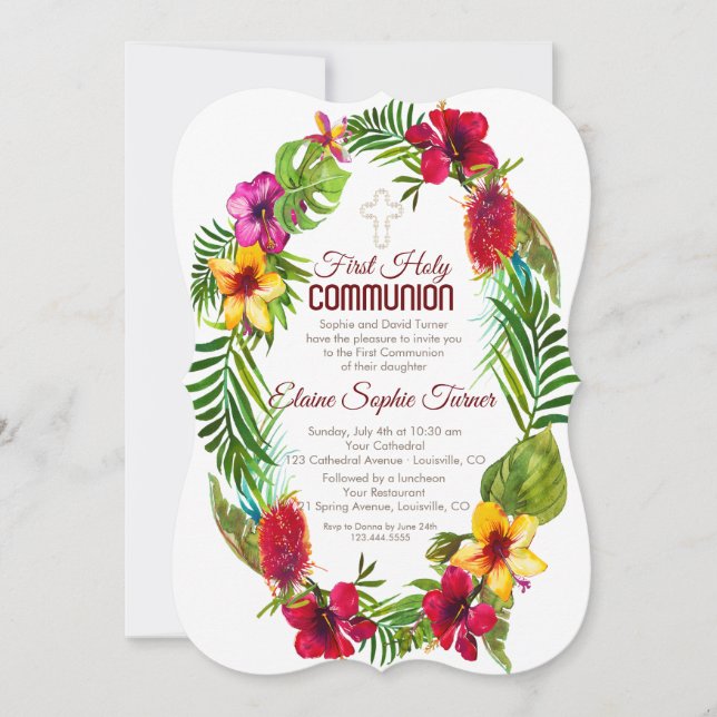 Hawaiian Tropical Floral First Holy Communion Invitation (Front)