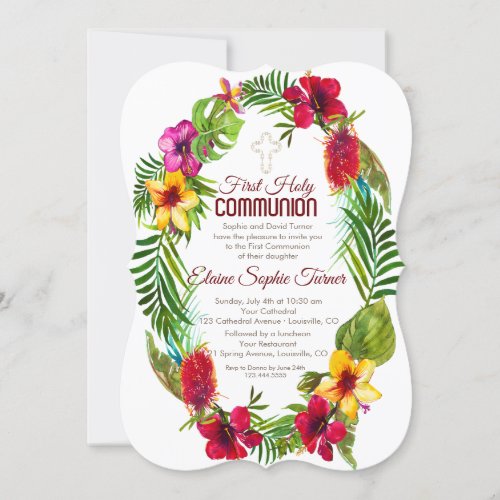 Hawaiian Tropical Floral First Holy Communion Invitation