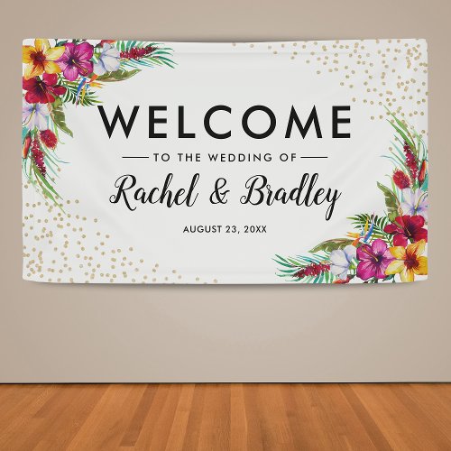 Hawaiian Tropical Floral Gold Glitter Wedding Banner