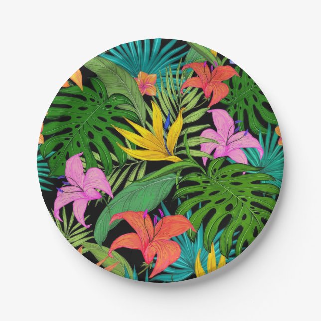 Hawaiian Tropical Floral Palm Leaves Paper Plates (Front)