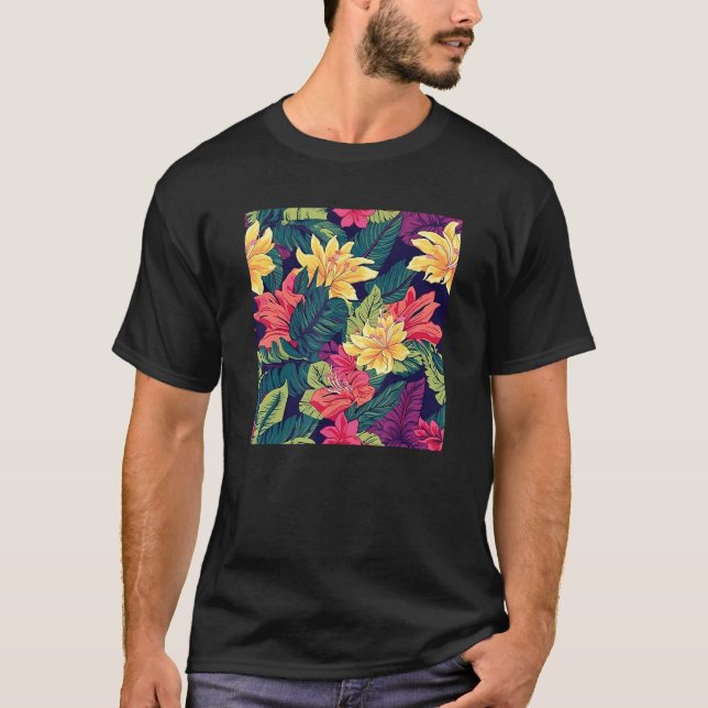 Hawaiian Tropical Flower Leaf Pattern Beach Vacati T-Shirt (Front)