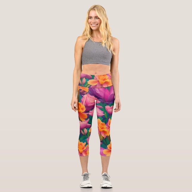 Hawaiian Tropical Flower Pattern  Capri Leggings (Front)