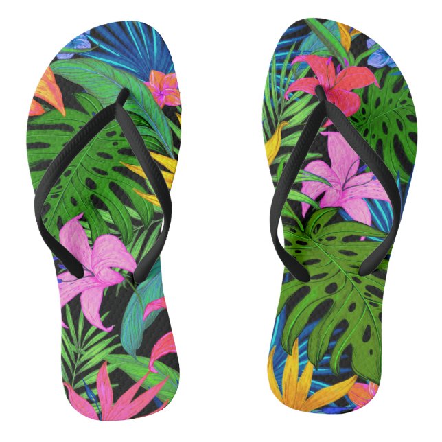 Hawaiian Tropical Flower Pattern Flip Flops (Footbed)