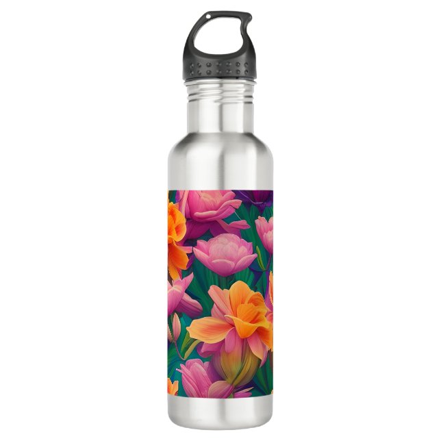 Hawaiian Tropical Flower Pattern  Stainless Steel Water Bottle (Front)