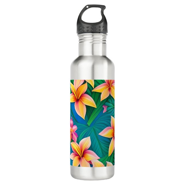 Hawaiian Tropical Flower Pattern  Stainless Steel Water Bottle (Front)