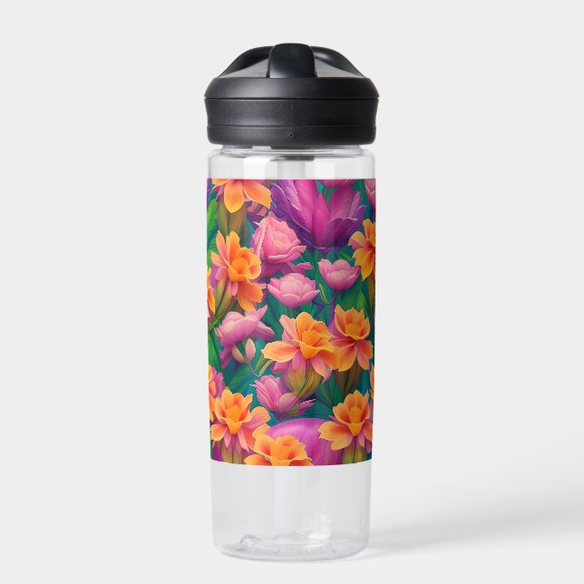 Hawaiian Tropical Flower Pattern  Water Bottle (Front)