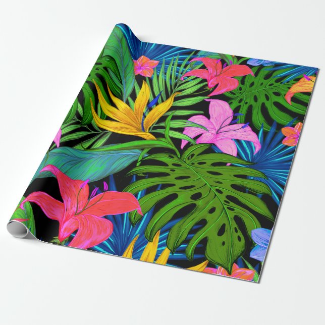 Hawaiian Tropical Flower Pattern Wrapping Paper (Unrolled)