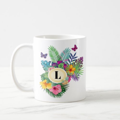 Hawaiian Tropical Flowers And Butterflies Monogram Coffee Mug