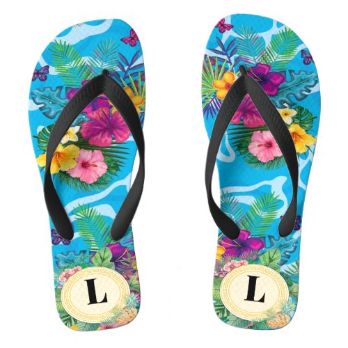 Hawaiian Tropical Flowers And Butterflies Monogram Flip Flops