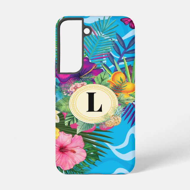 Hawaiian Tropical Flowers And Butterflies Monogram Samsung Galaxy Case (Back)