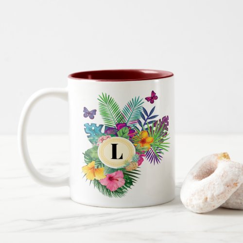 Hawaiian Tropical Flowers And Butterflies Monogram Two_Tone Coffee Mug