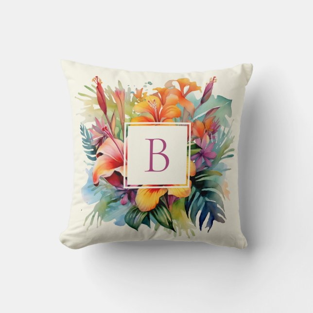 Hawaiian Tropical Flowers Monogram  Throw Pillow (Front)