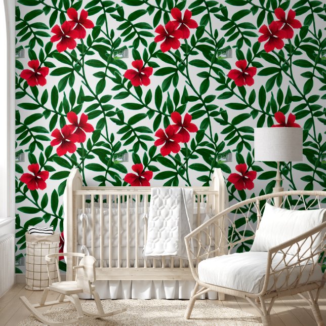 Hawaiian tropical flowers red green coastal chic wallpaper  (Kids)