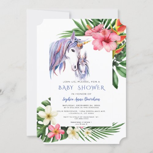 Hawaiian Tropical Flowers Unicorn Boy Baby Shower Invitation