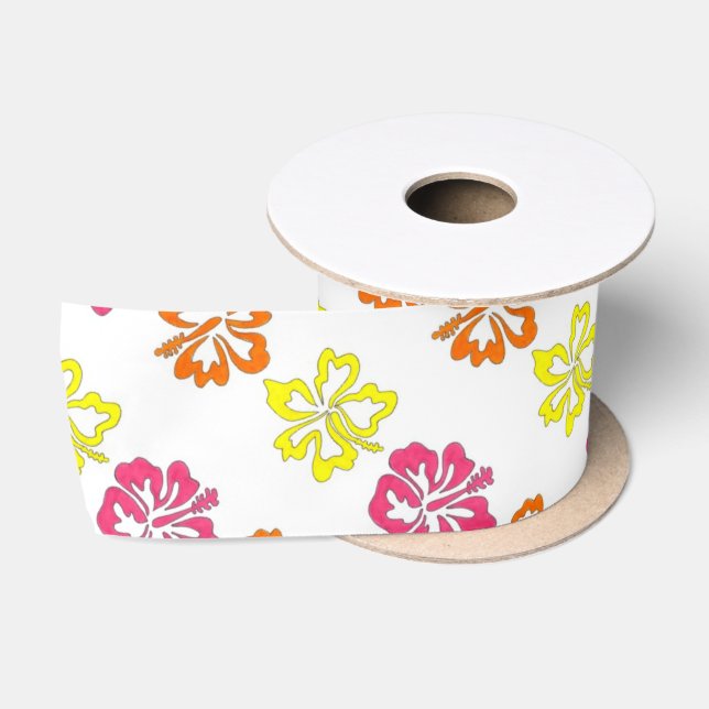 Hawaiian Tropical Hibiscus Flowers Floral Print Satin Ribbon (Spool)