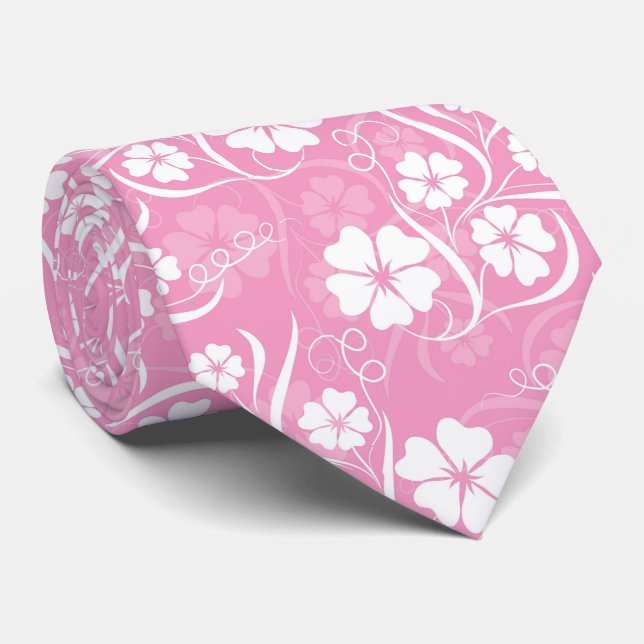 Hawaiian Tropical Hibiscus Flowers Pink White Neck Tie (Rolled)