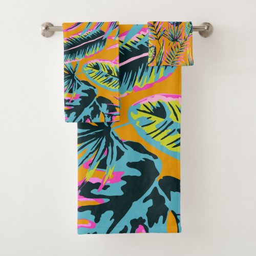 Hawaiian Tropical Leaves And Plants Print Pattern Bath Towel Set