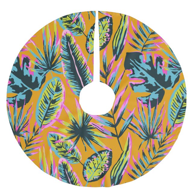 Hawaiian Tropical Leaves And Plants Print Pattern Brushed Polyester Tree Skirt (Front)