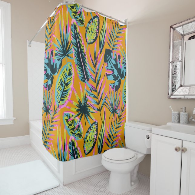 Hawaiian Tropical Leaves And Plants Print Pattern Shower Curtain (In Situ)