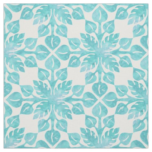 Hawaiian Tropical Leaves Aqua Watercolor Pattern Fabric